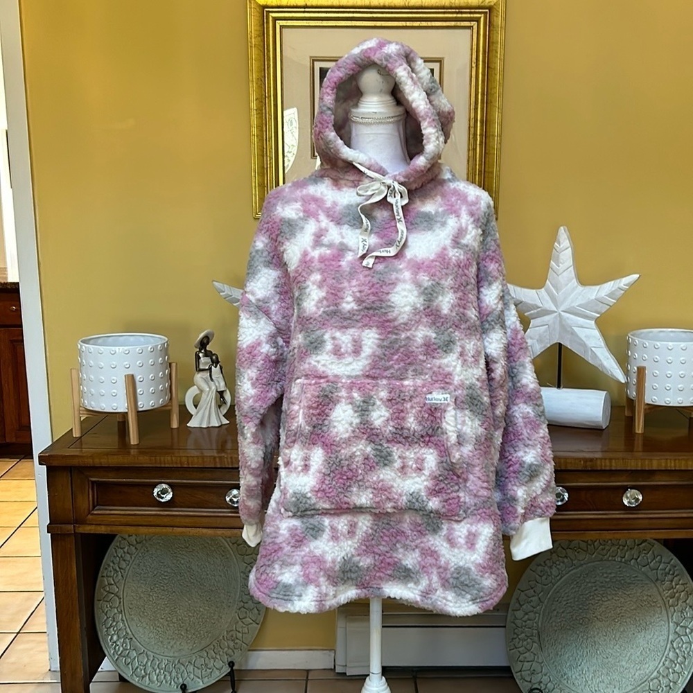 Hurley Fleece Camo Kangaroo Pocket Pink White Grey Pullover Boyfriend Hoodie Lrg - Picture 3 of 16